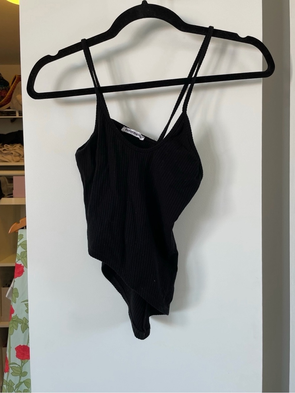 Reformation Black Ribbed Spaghetti Strap Bodysuit